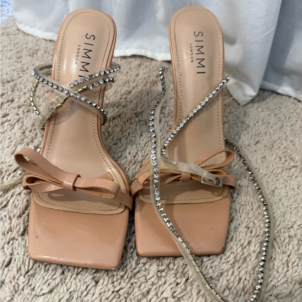 SIMMI London Nude Patent Bow Heel with Crystal Wrap Straps